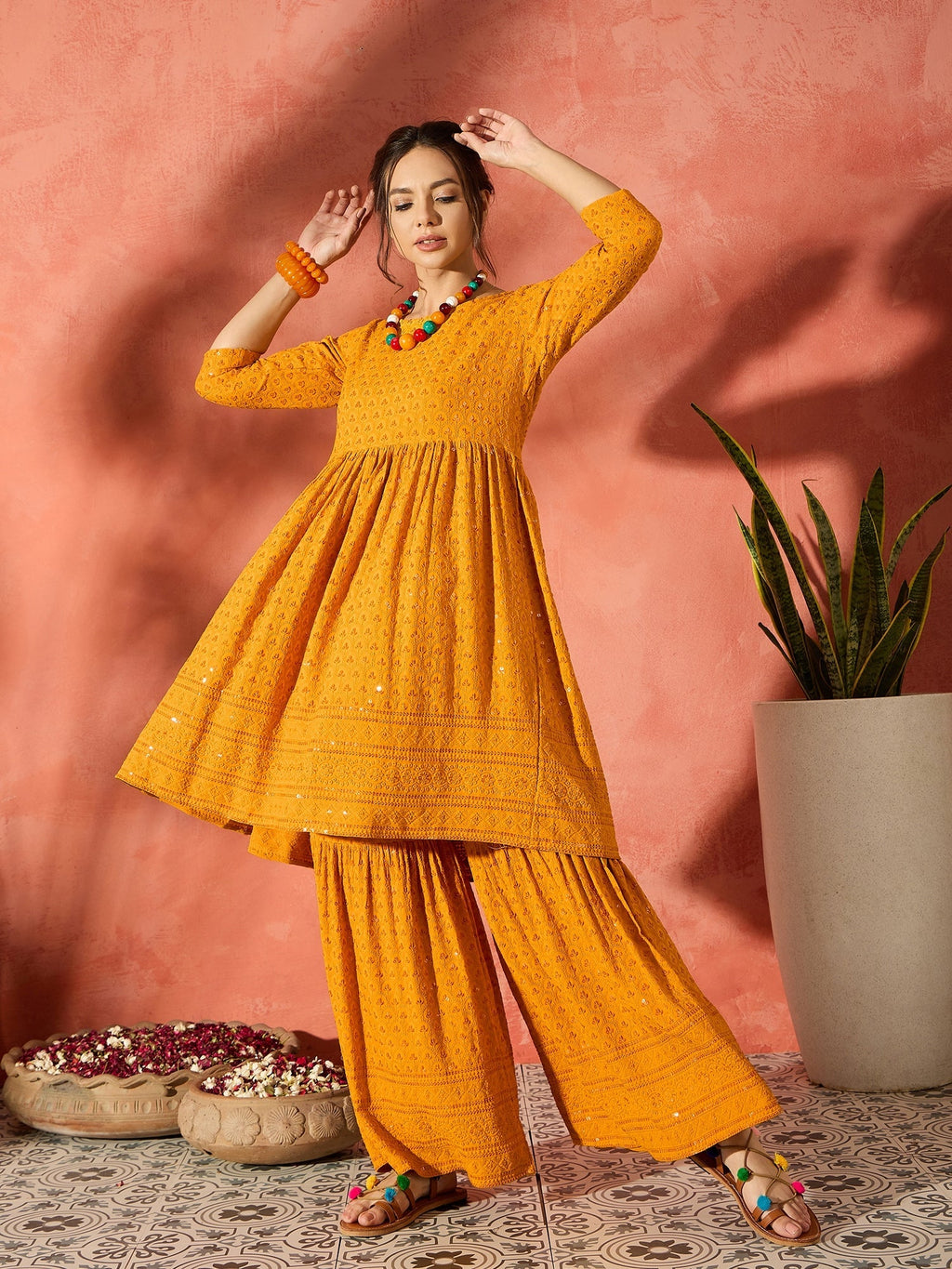 InWeave Mustard Chikankari Anarkali Kurta Sharara Set | Grocsy