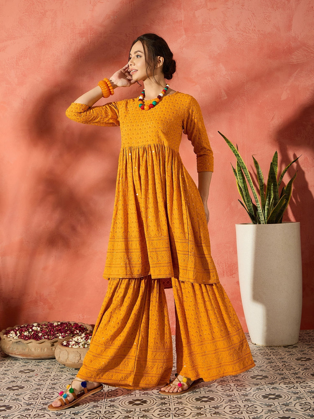InWeave Mustard Chikankari Anarkali Kurta Sharara Set | Grocsy