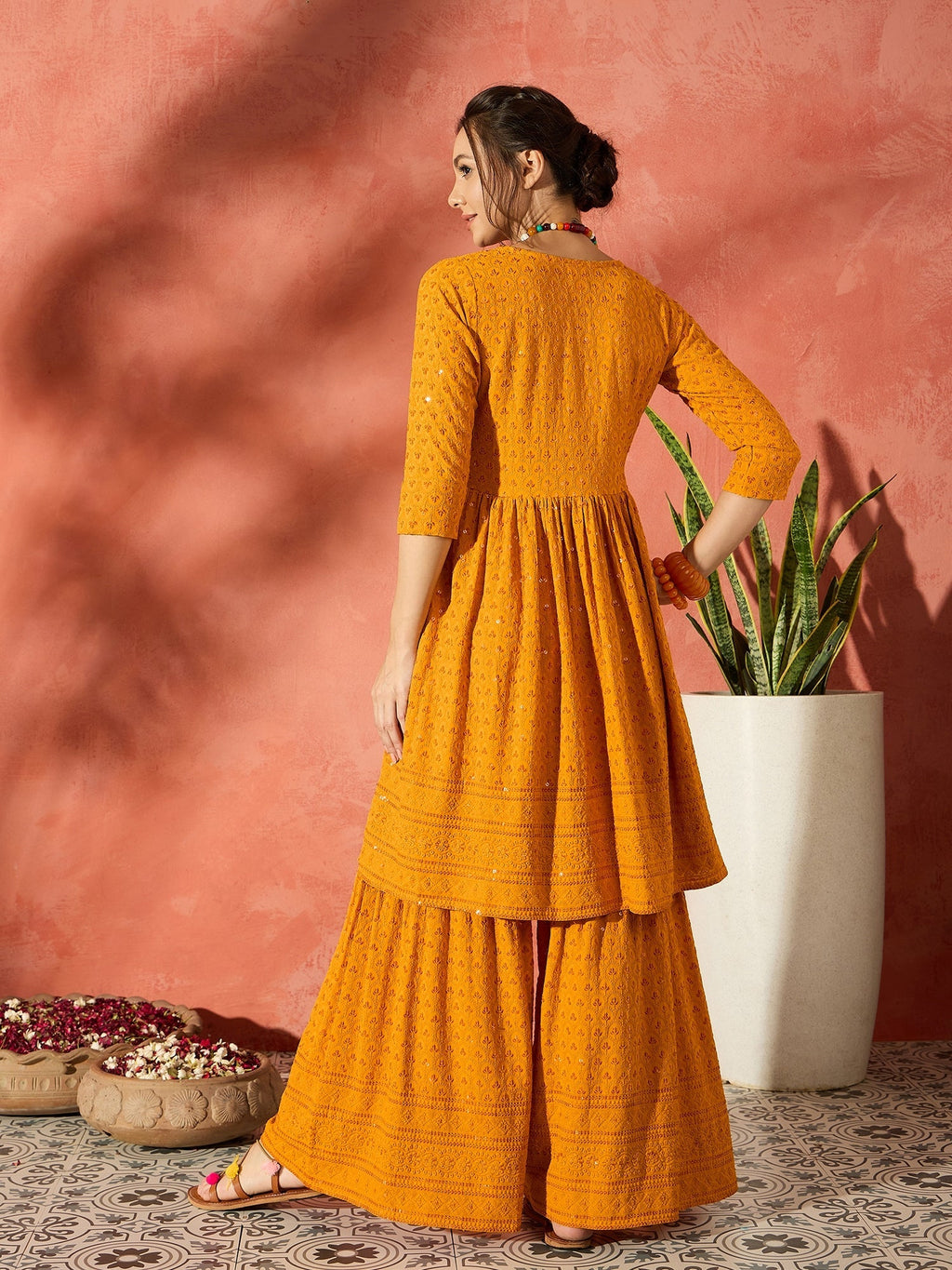 InWeave Mustard Chikankari Anarkali Kurta Sharara Set | Grocsy