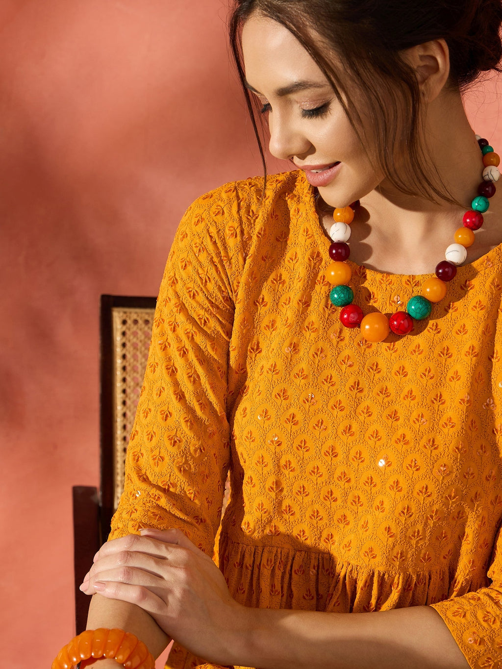 InWeave Mustard Chikankari Anarkali Kurta Sharara Set | Grocsy