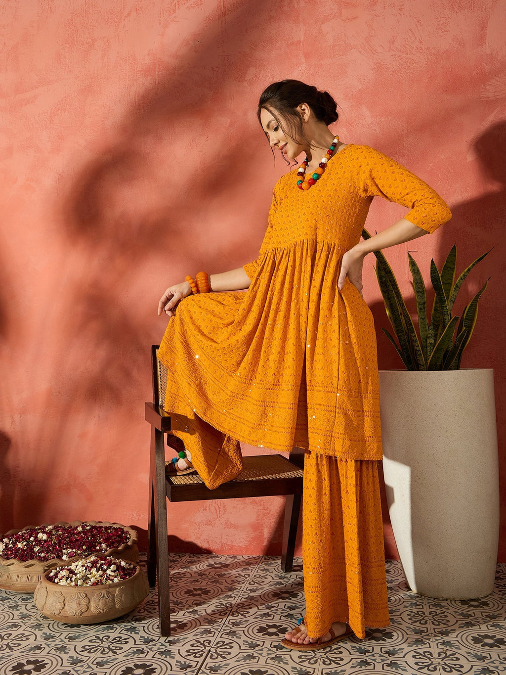 InWeave Mustard Chikankari Anarkali Kurta Sharara Set | Grocsy