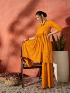 InWeave Mustard Chikankari Anarkali Kurta Sharara Set | Grocsy