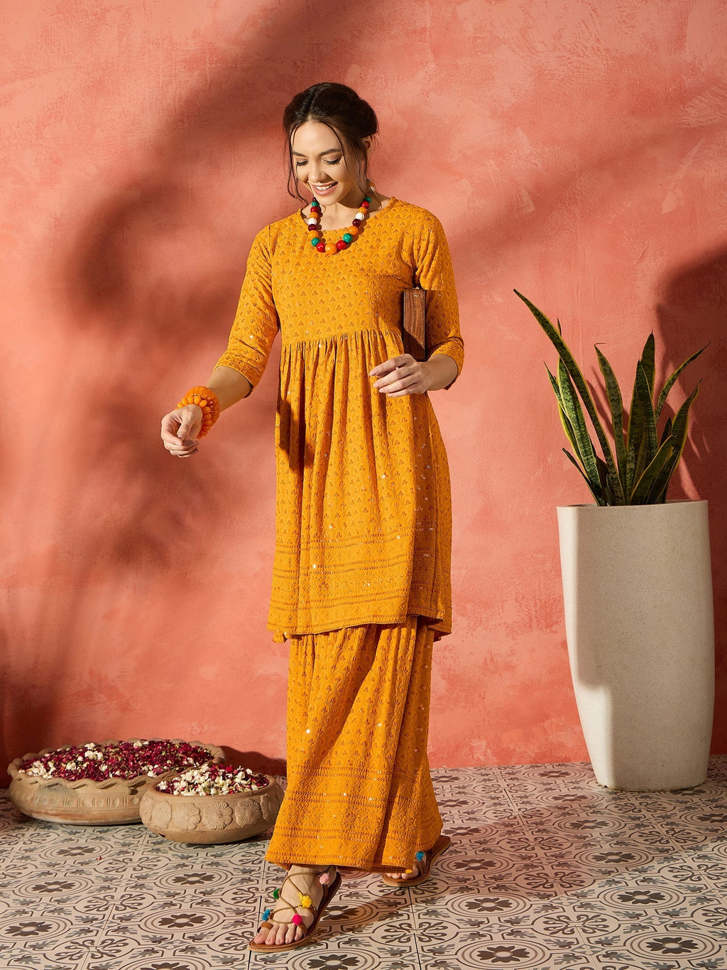 InWeave Mustard Chikankari Anarkali Kurta Sharara Set | Grocsy
