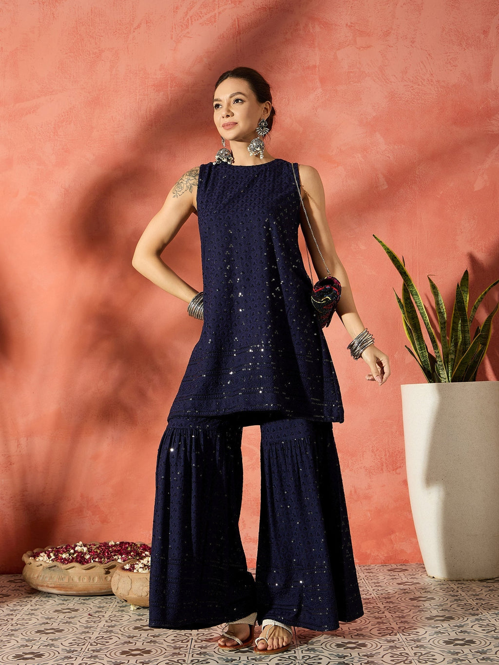 InWeave Blue Chikankari Short Kurta Set | Grocsy