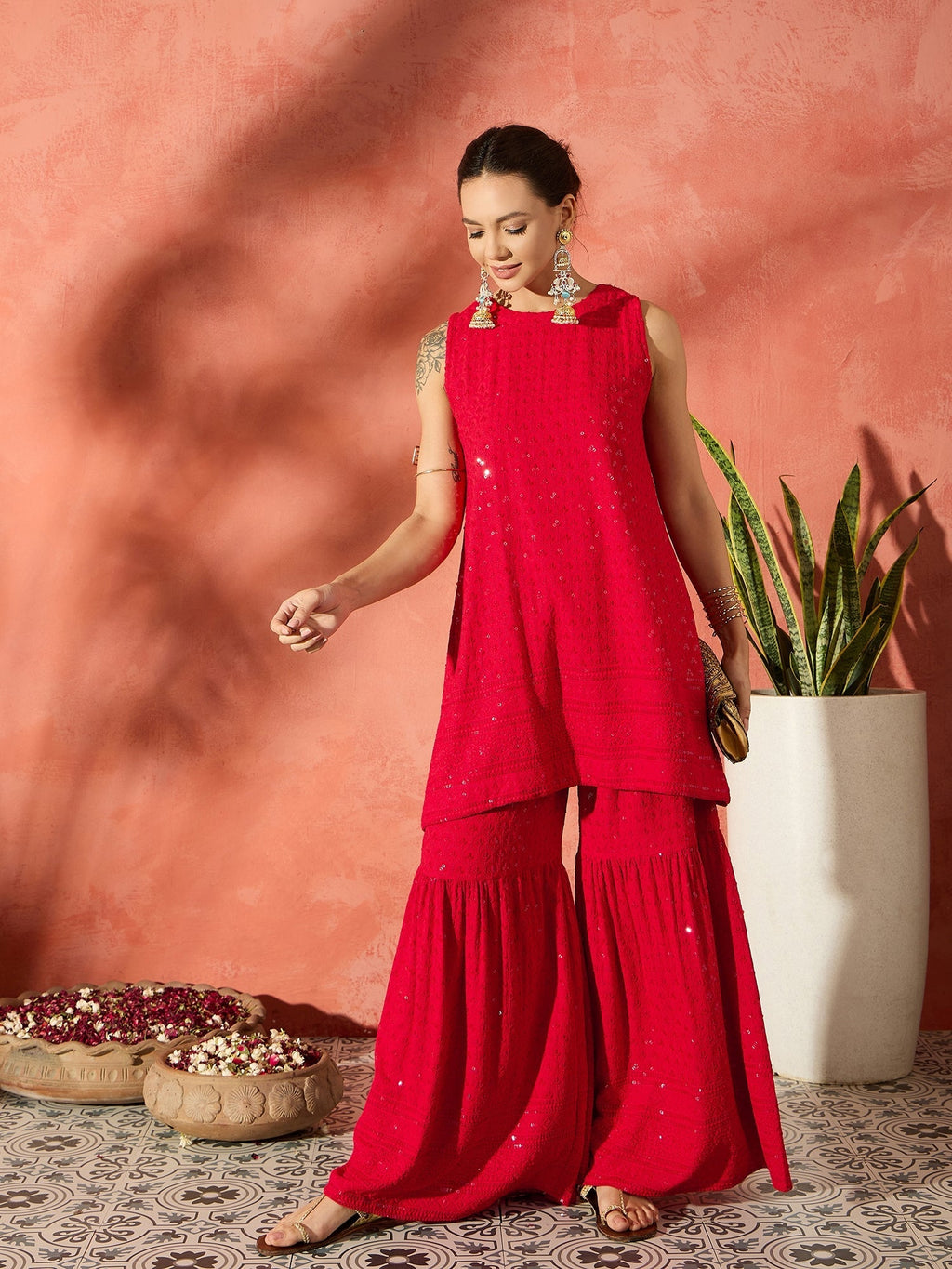 InWeave Red Chikankari Short Kurta Set | Grocsy
