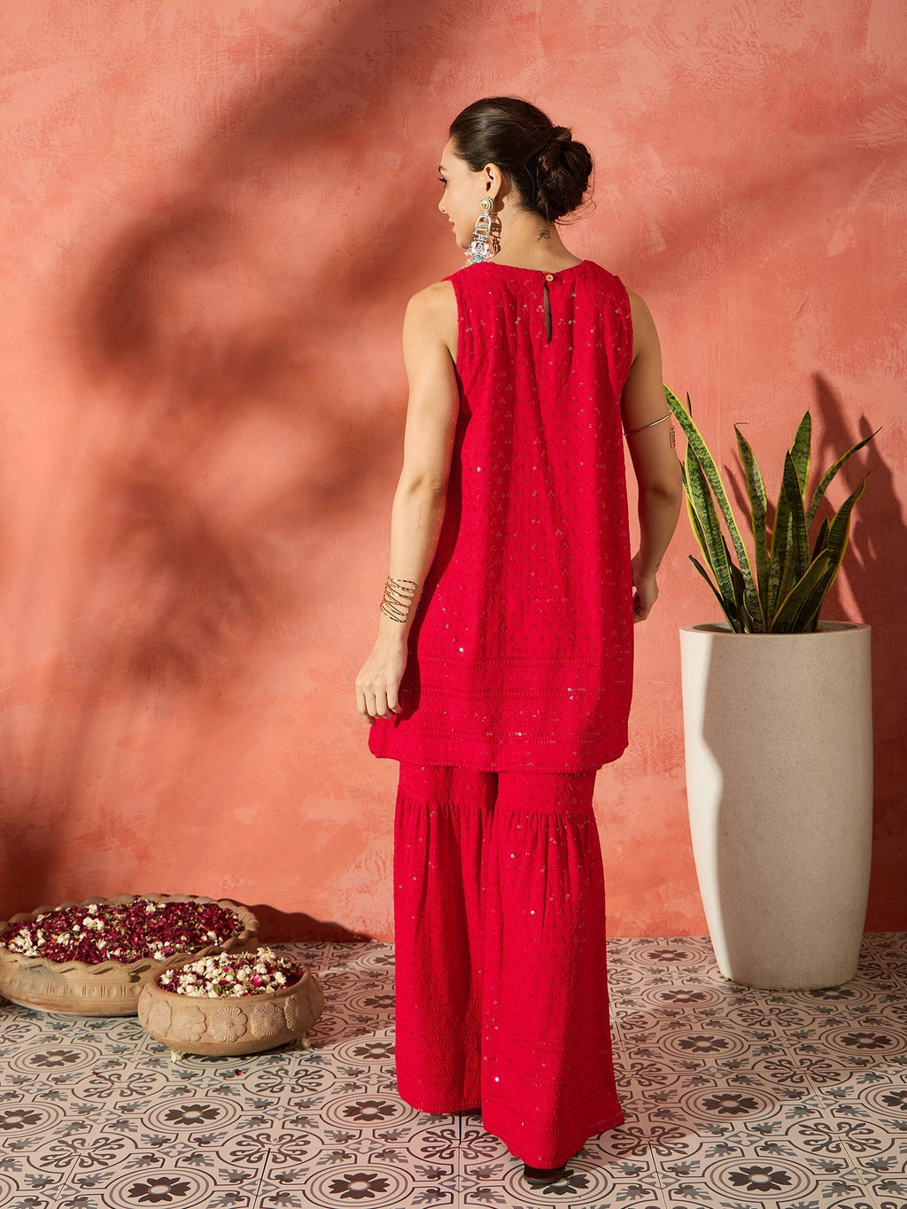 InWeave Red Chikankari Short Kurta Set | Grocsy