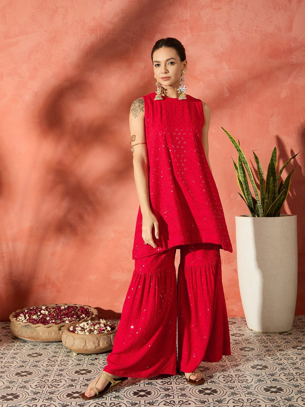 InWeave Red Chikankari Short Kurta Set | Grocsy