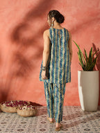 InWeave Teal Leaf Zig Zag Foil W/S Kurta Pant Set | Grocsy