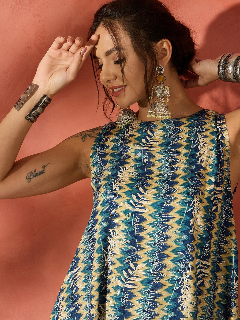 InWeave Teal Leaf Zig Zag Foil W/S Kurta Pant Set | Grocsy