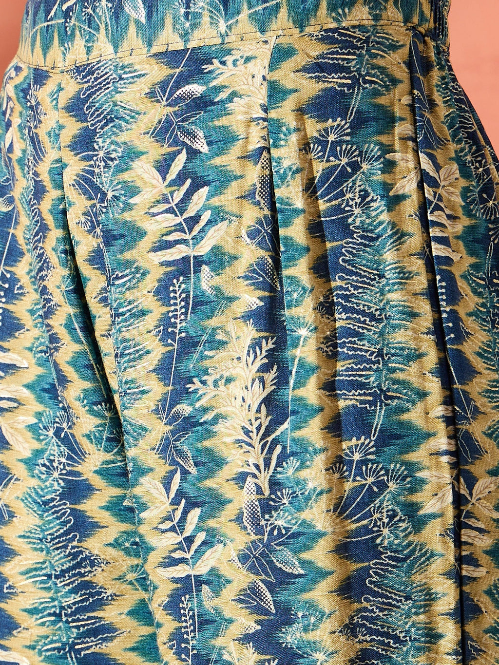 InWeave Teal Leaf Zig Zag Foil W/S Kurta Pant Set | Grocsy
