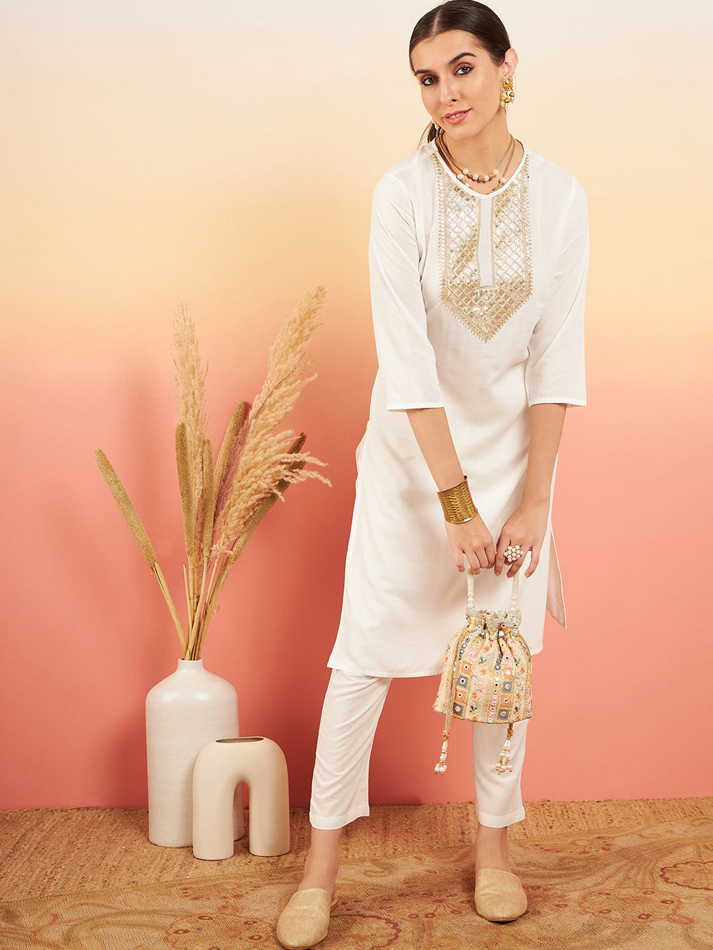 InWeave Women's Cream Sequance Patch Work Kurta Set | Grocsy