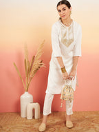 InWeave Women's Cream Sequance Patch Work Kurta Set | Grocsy