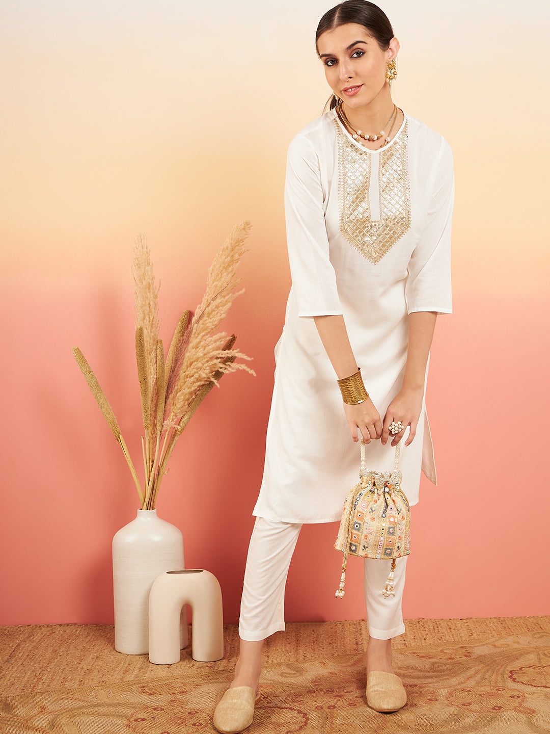 InWeave Women's Cream Sequance Patch Work Kurta Set | Grocsy