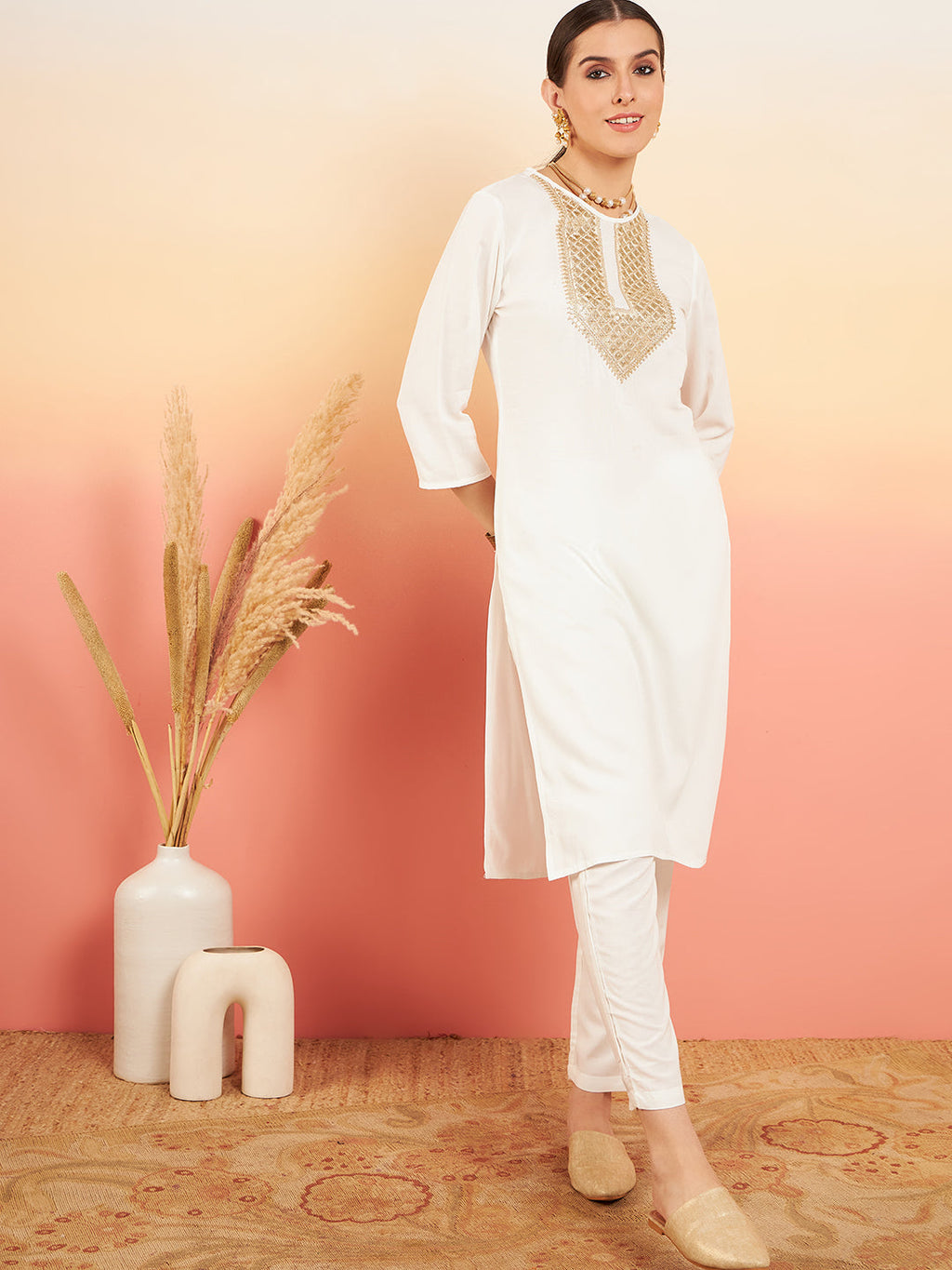 InWeave Women's Cream Sequance Patch Work Kurta Set | Grocsy