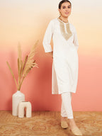 InWeave Women's Cream Sequance Patch Work Kurta Set | Grocsy