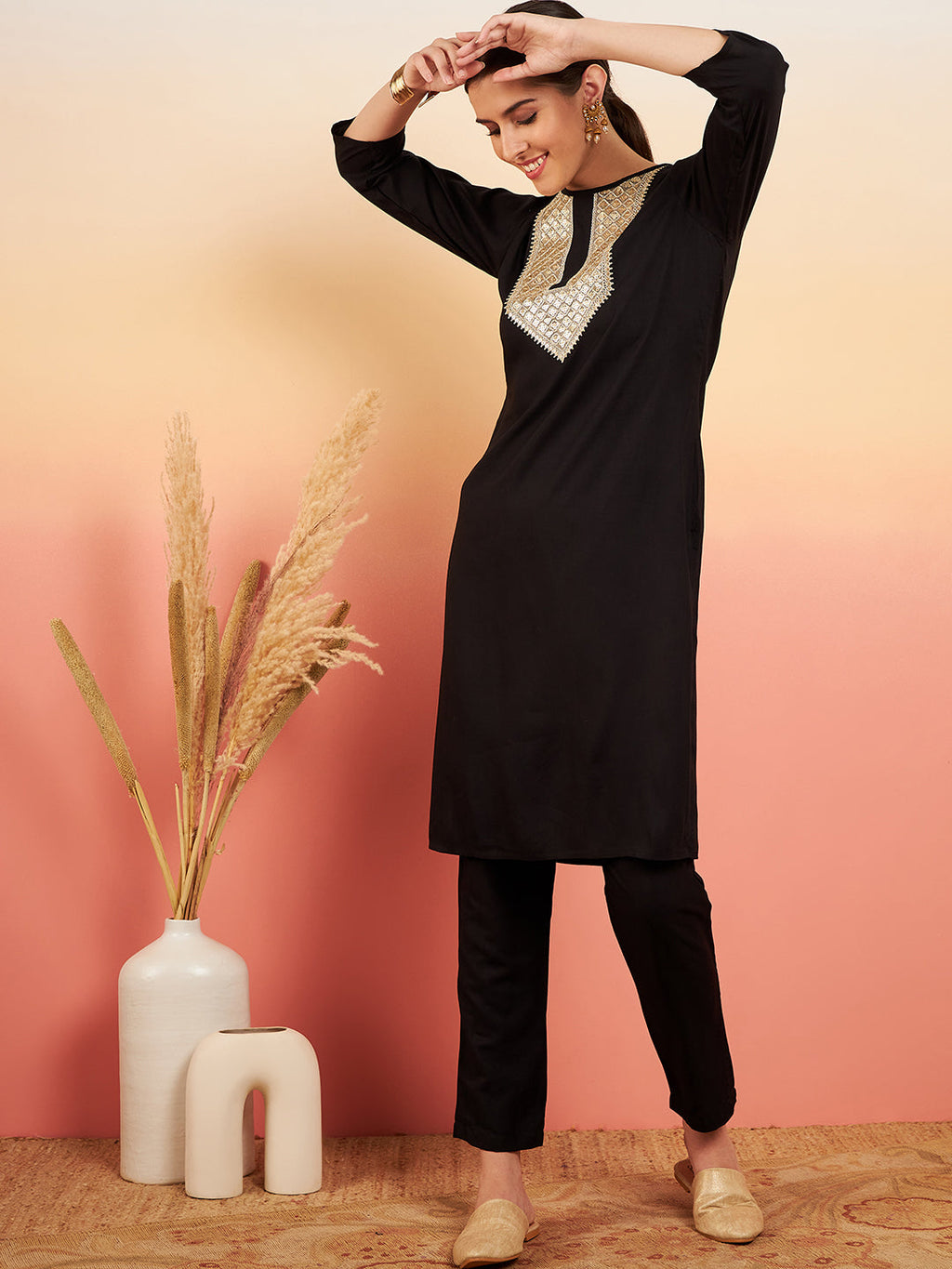 InWeave Women's Black Sequance Patch Work Kurta Set | Grocsy
