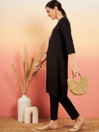 InWeave Women's Black Sequance Patch Work Kurta Set | Grocsy