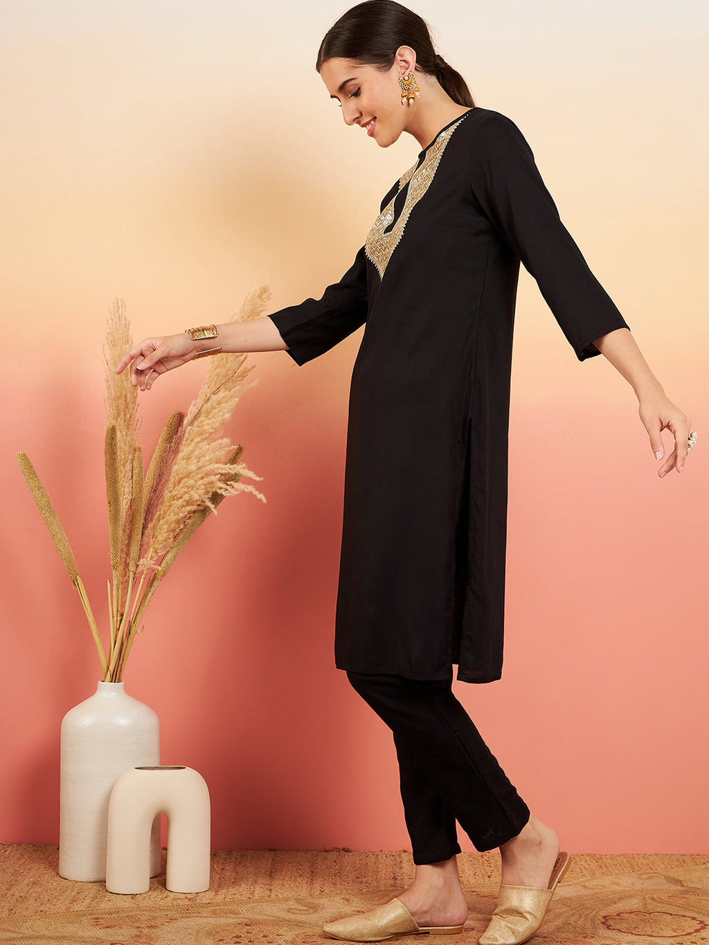 InWeave Women's Black Sequance Patch Work Kurta Set | Grocsy