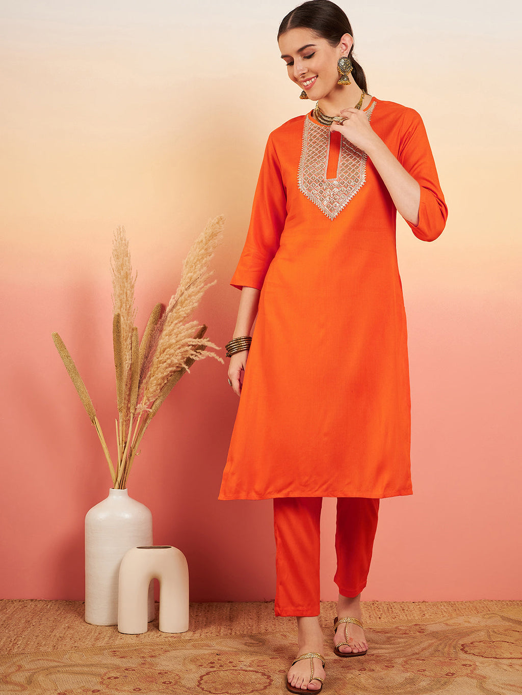 InWeave Women's Orange Sequance Patch Work Kurta Set | Grocsy