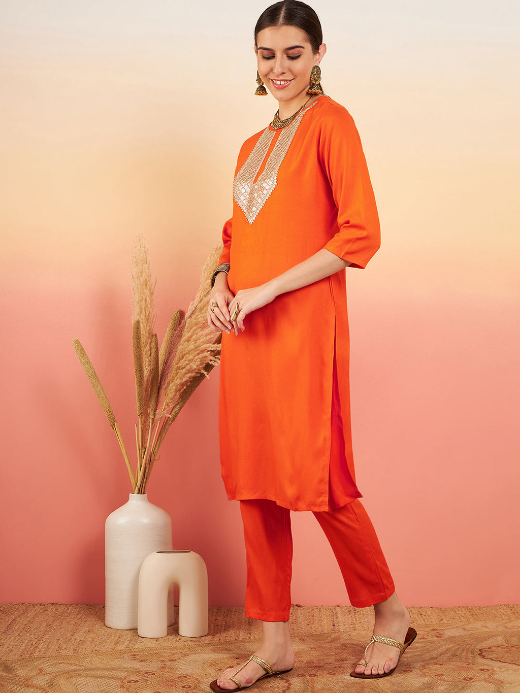 InWeave Women's Orange Sequance Patch Work Kurta Set | Grocsy