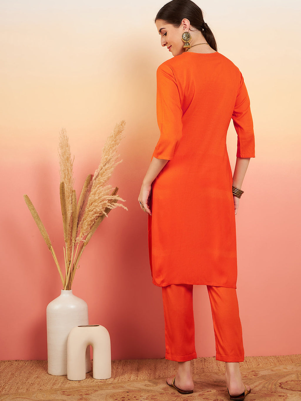 InWeave Women's Orange Sequance Patch Work Kurta Set | Grocsy