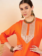 InWeave Women's Orange Sequance Patch Work Kurta Set | Grocsy