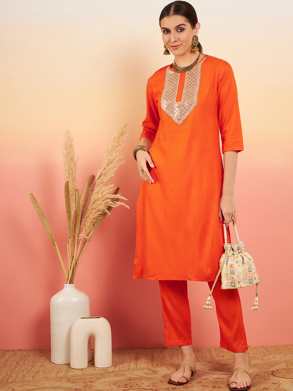 InWeave Women's Orange Sequance Patch Work Kurta Set | Grocsy