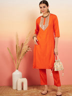 InWeave Women's Orange Sequance Patch Work Kurta Set | Grocsy