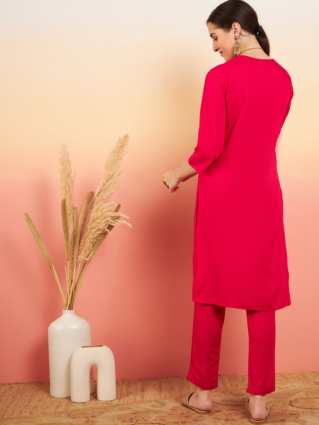 InWeave Women's Fuschia Sequance Patch Work Kurta Set | Grocsy