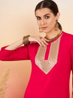 InWeave Women's Fuschia Sequance Patch Work Kurta Set | Grocsy