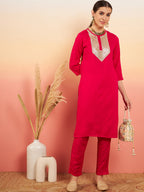 InWeave Women's Fuschia Sequance Patch Work Kurta Set | Grocsy