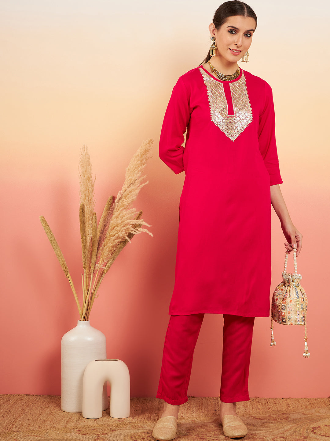 InWeave Women's Fuschia Sequance Patch Work Kurta Set | Grocsy