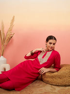 InWeave Women's Fuschia Sequance Patch Work Kurta Set | Grocsy