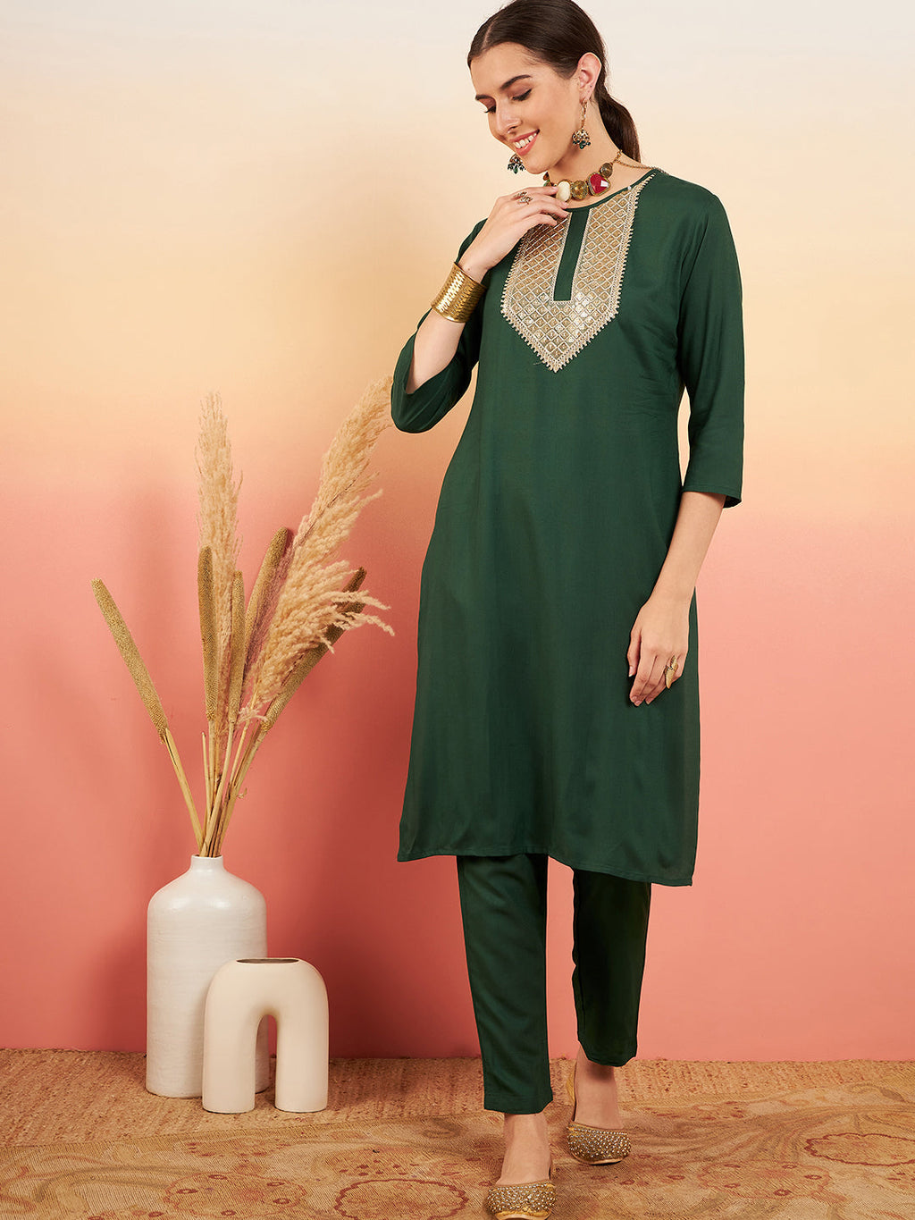 InWeave Women's Dark Green Sequance Patch Work Kurta Set | Grocsy