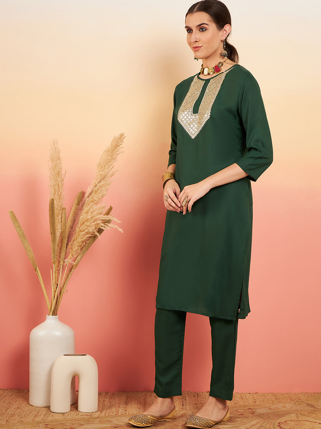 InWeave Women's Dark Green Sequance Patch Work Kurta Set | Grocsy