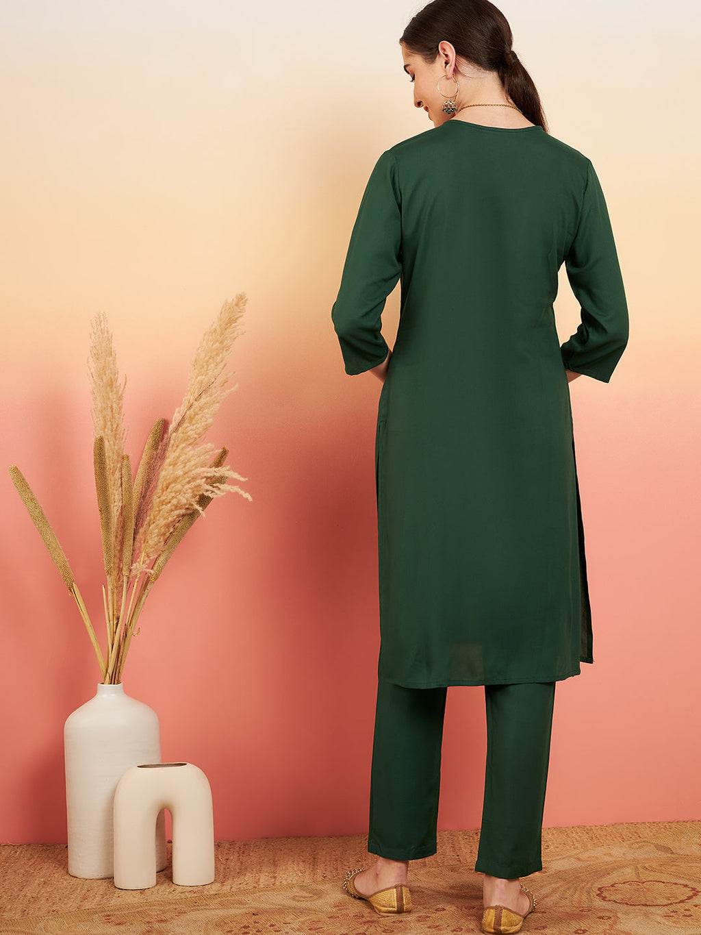 InWeave Women's Dark Green Sequance Patch Work Kurta Set | Grocsy