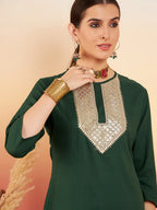 InWeave Women's Dark Green Sequance Patch Work Kurta Set | Grocsy