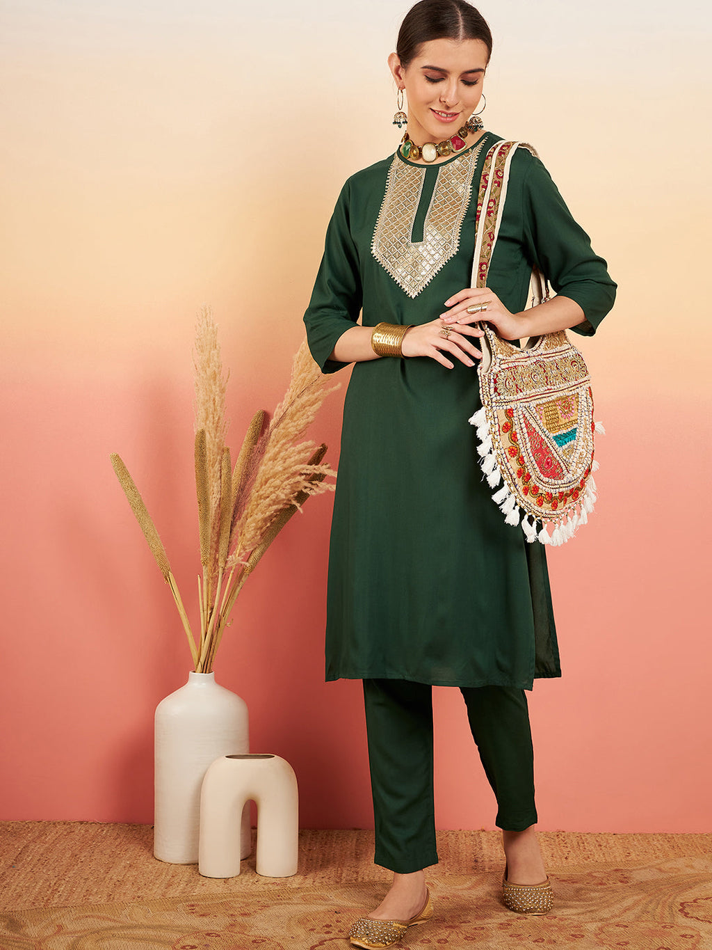 InWeave Women's Dark Green Sequance Patch Work Kurta Set | Grocsy
