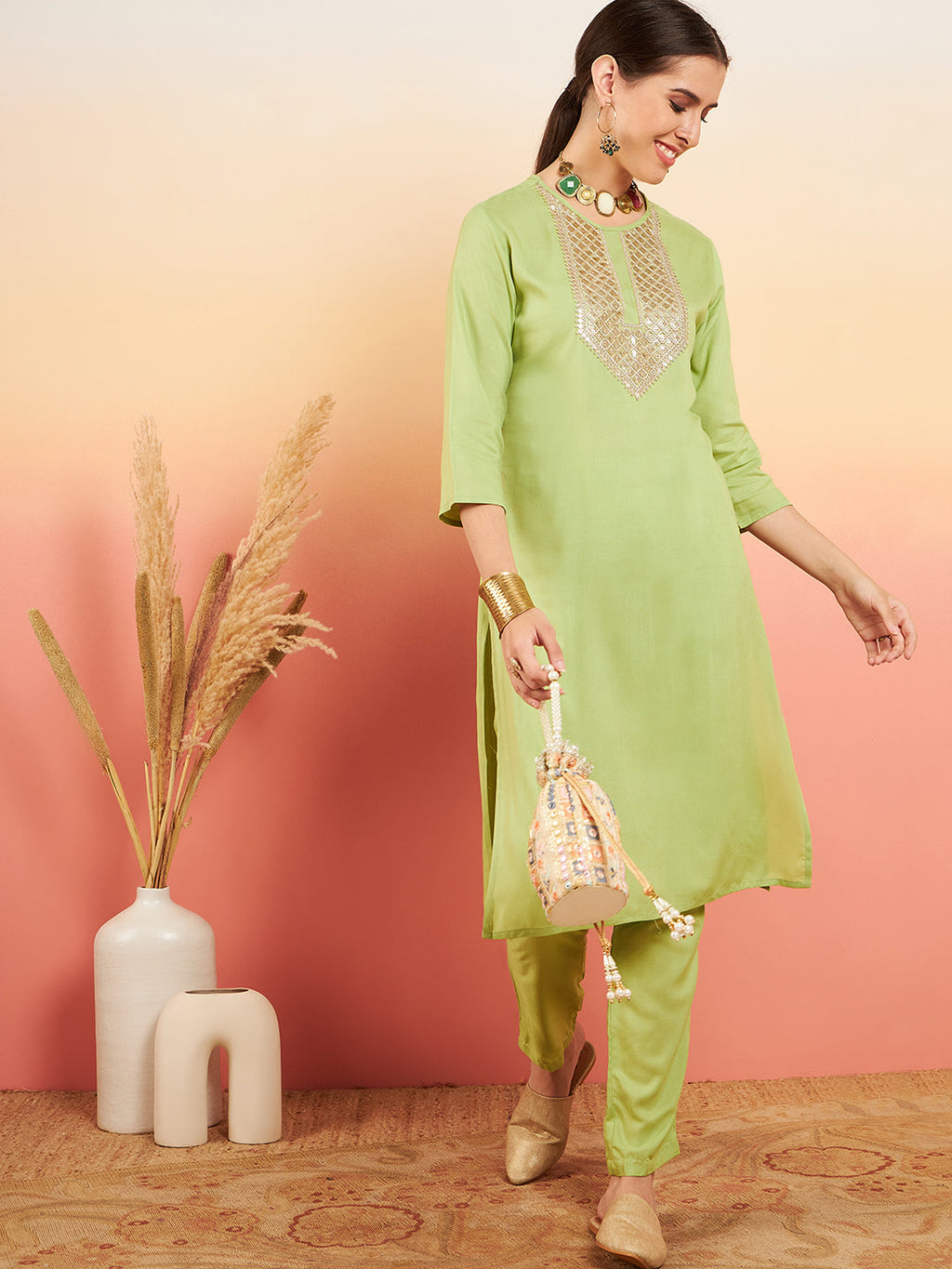 InWeave Women's Pear Green Sequance Patch Work Kurta Set | Grocsy