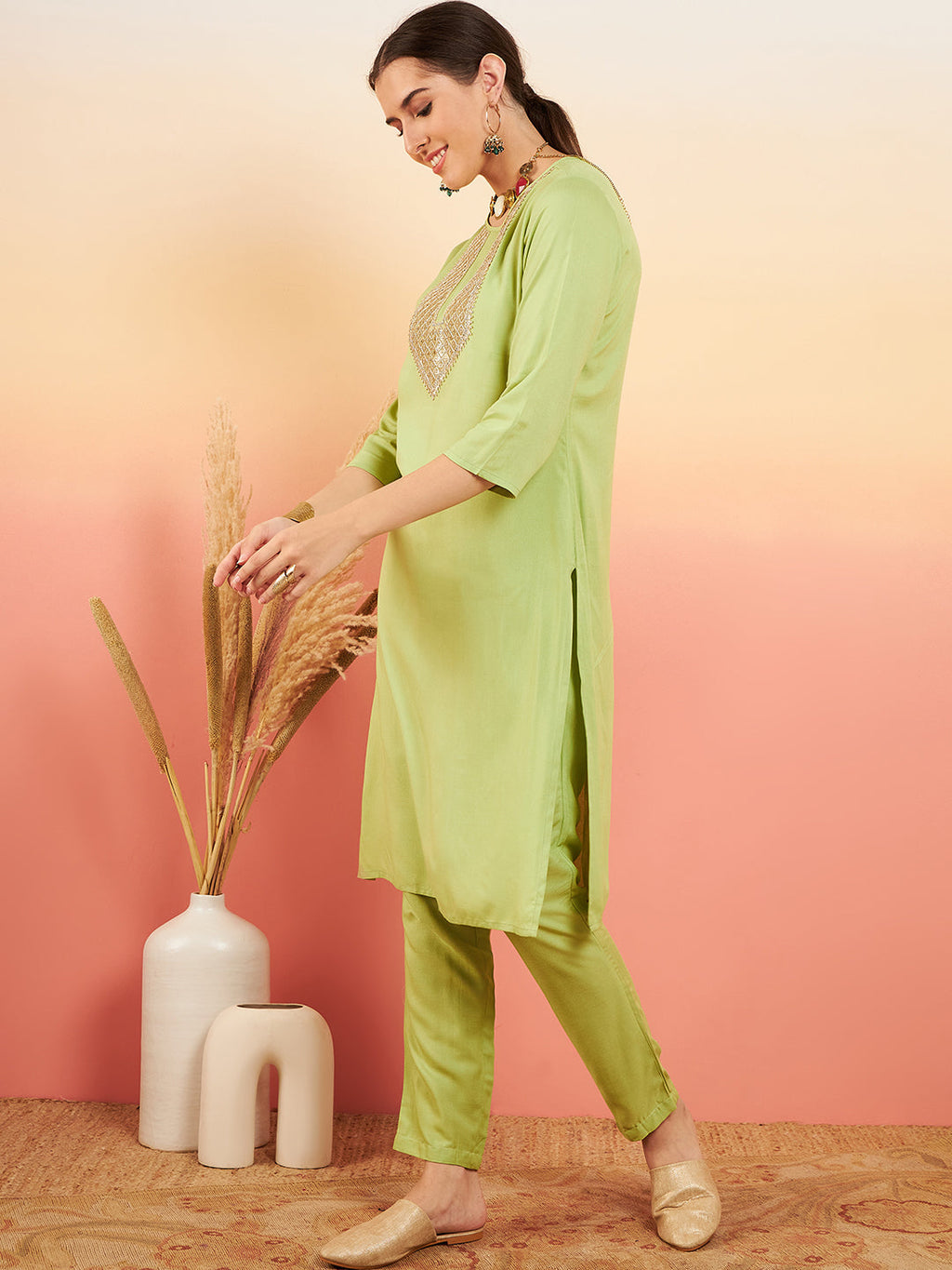 InWeave Women's Pear Green Sequance Patch Work Kurta Set | Grocsy