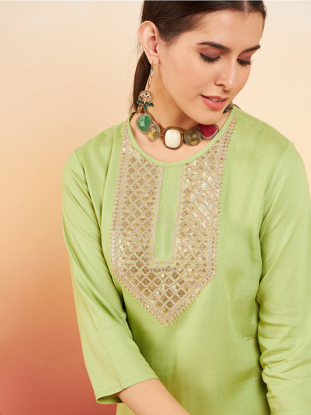 InWeave Women's Pear Green Sequance Patch Work Kurta Set | Grocsy