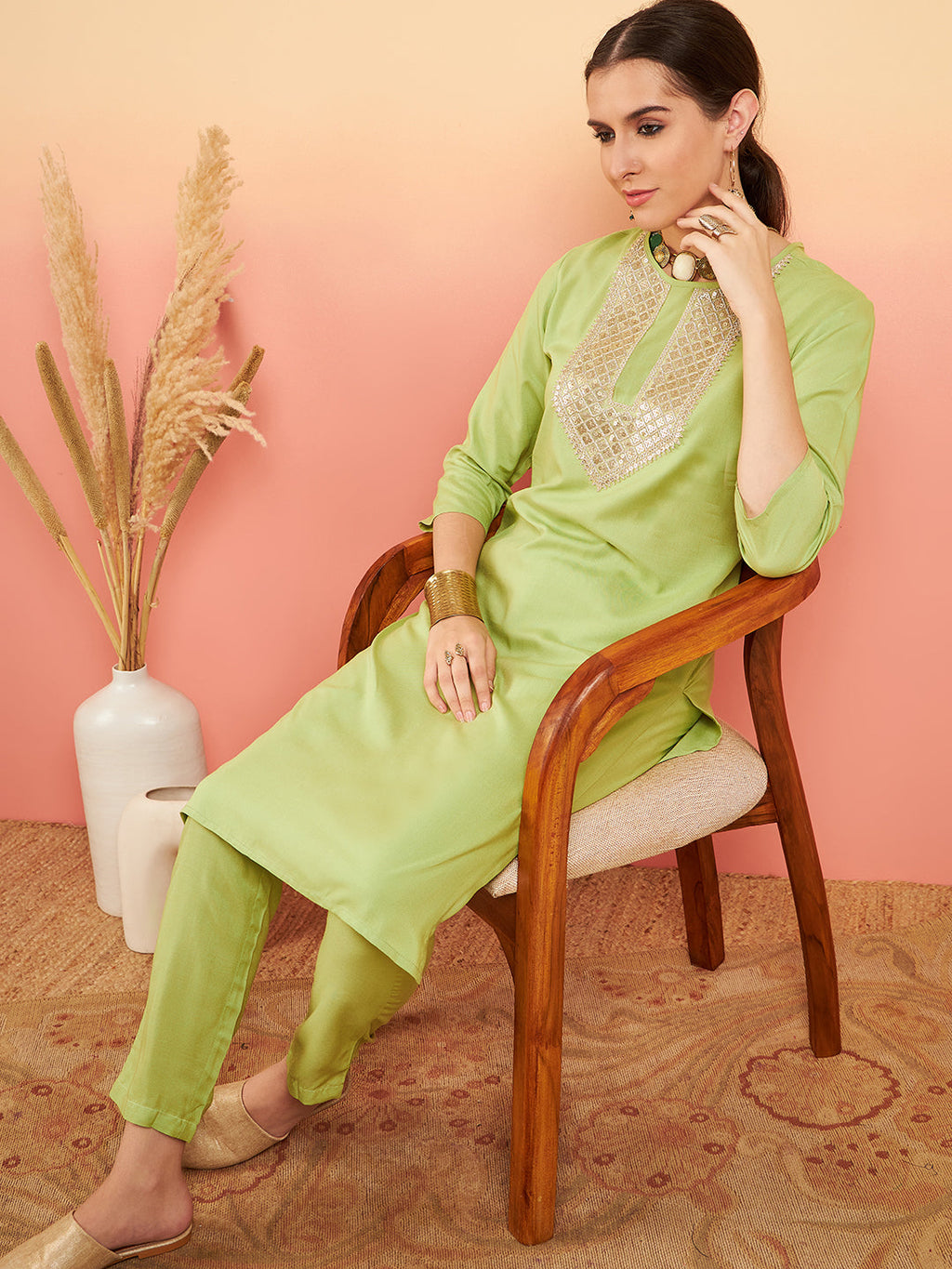 InWeave Women's Pear Green Sequance Patch Work Kurta Set | Grocsy