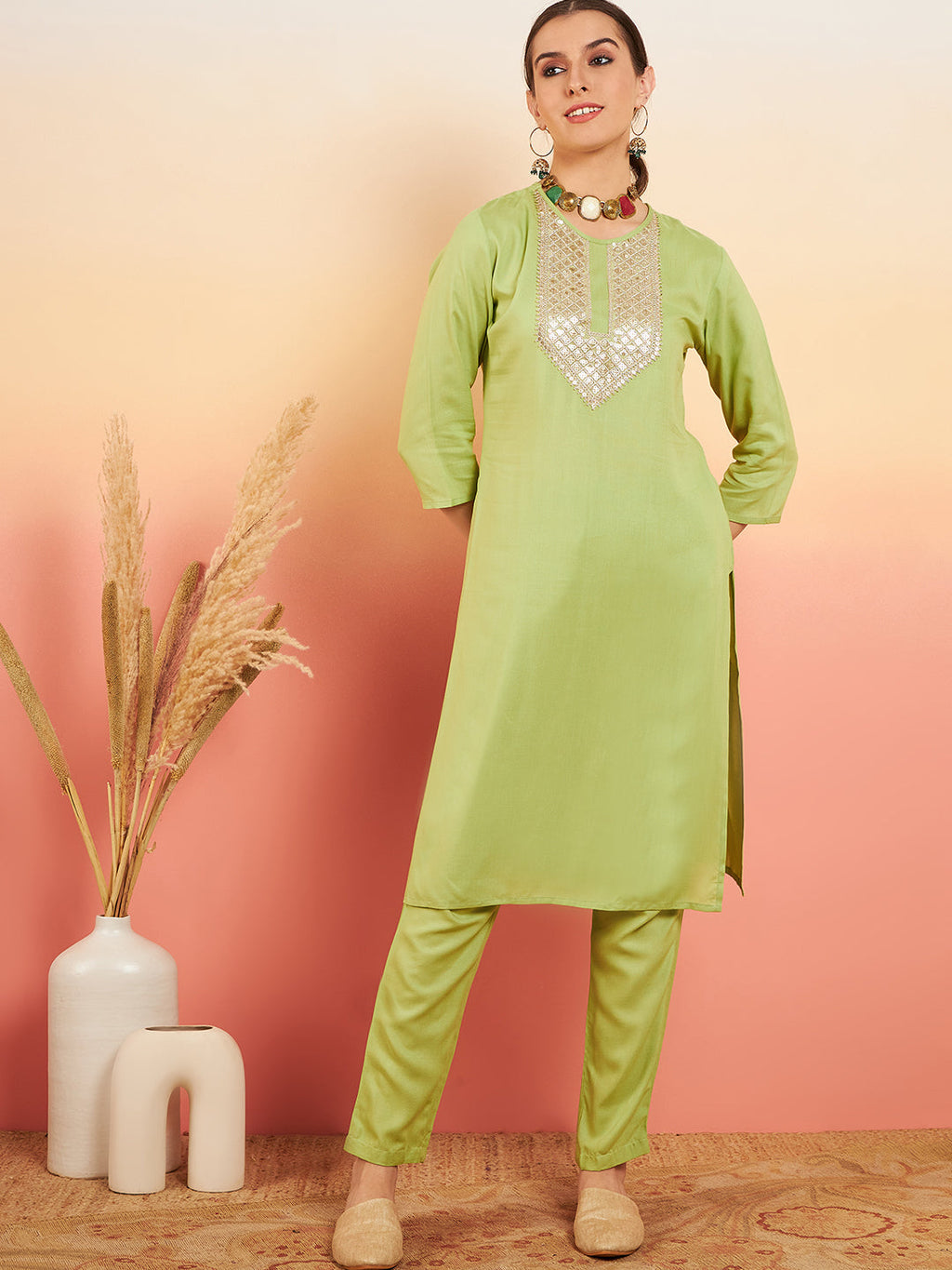InWeave Women's Pear Green Sequance Patch Work Kurta Set | Grocsy
