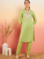 InWeave Women's Pear Green Sequance Patch Work Kurta Set | Grocsy