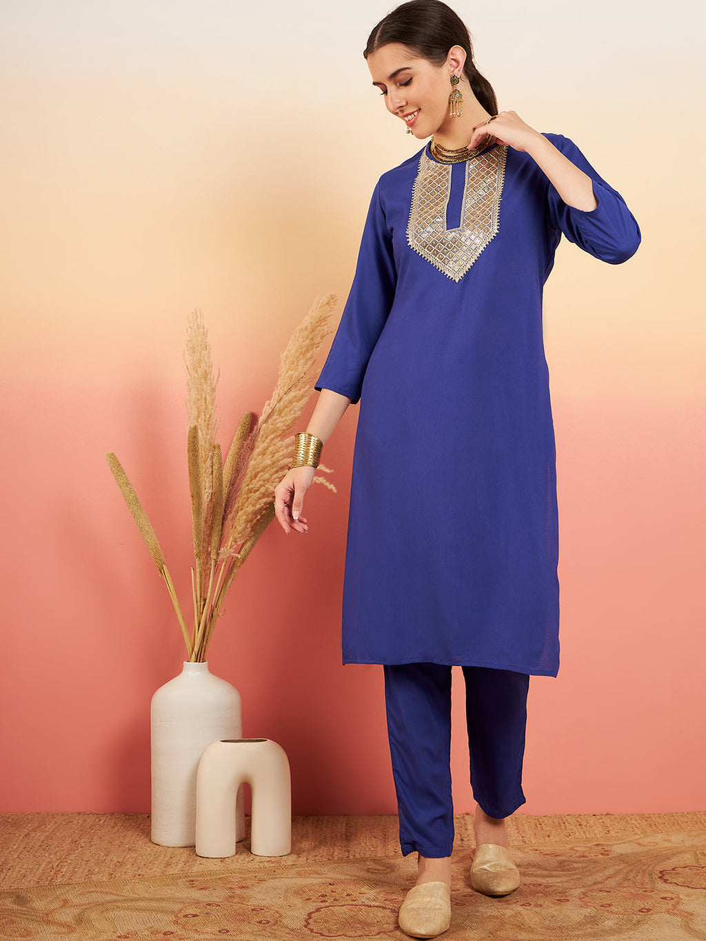 InWeave Women's Ink Blue Sequance Patch Work Kurta Set | Grocsy