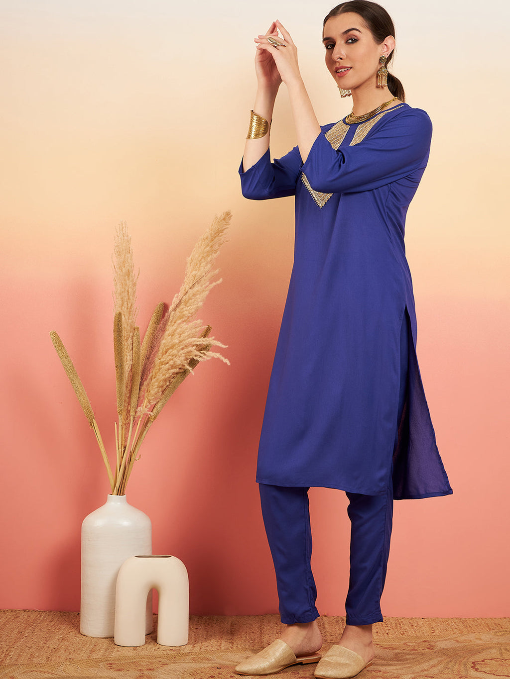 InWeave Women's Ink Blue Sequance Patch Work Kurta Set | Grocsy