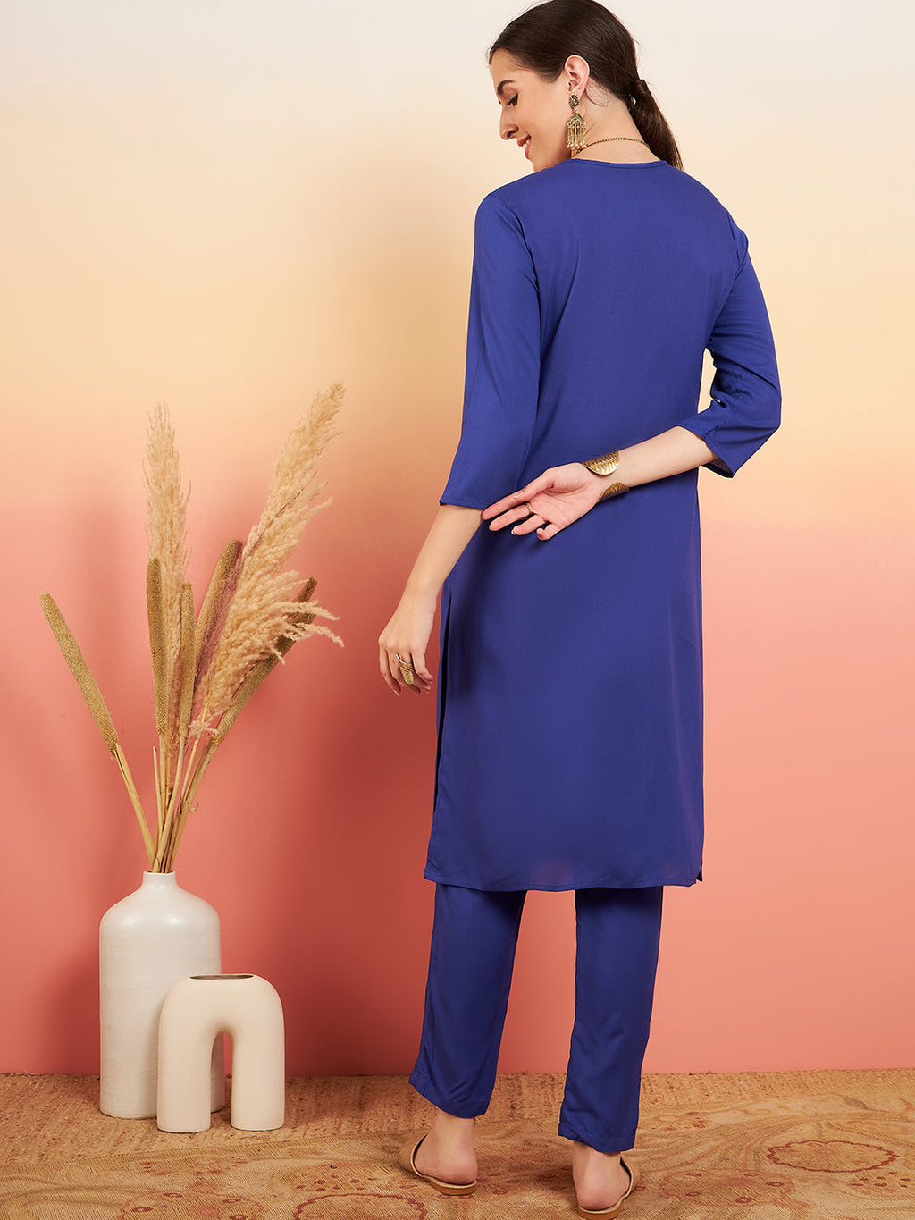 InWeave Women's Ink Blue Sequance Patch Work Kurta Set | Grocsy