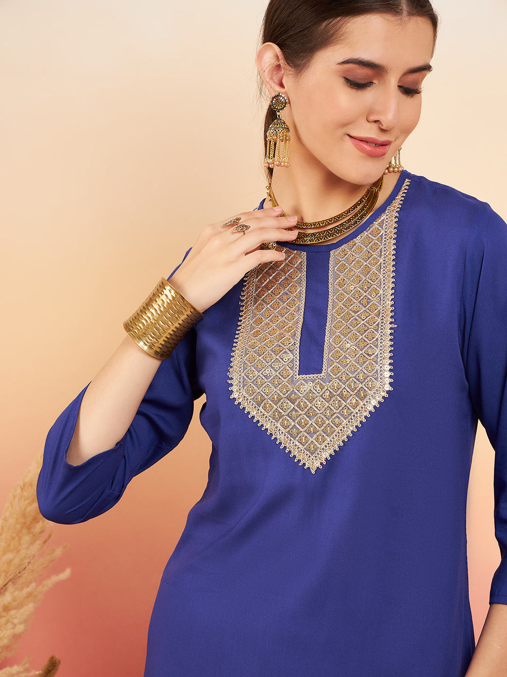 InWeave Women's Ink Blue Sequance Patch Work Kurta Set | Grocsy