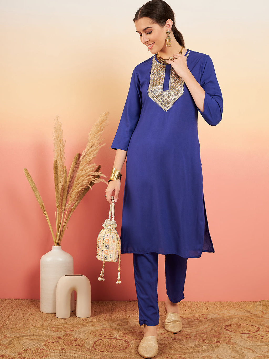 InWeave Women's Ink Blue Sequance Patch Work Kurta Set | Grocsy