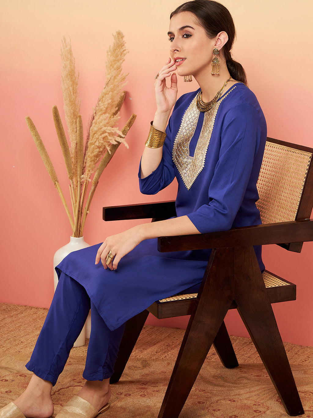 InWeave Women's Ink Blue Sequance Patch Work Kurta Set | Grocsy